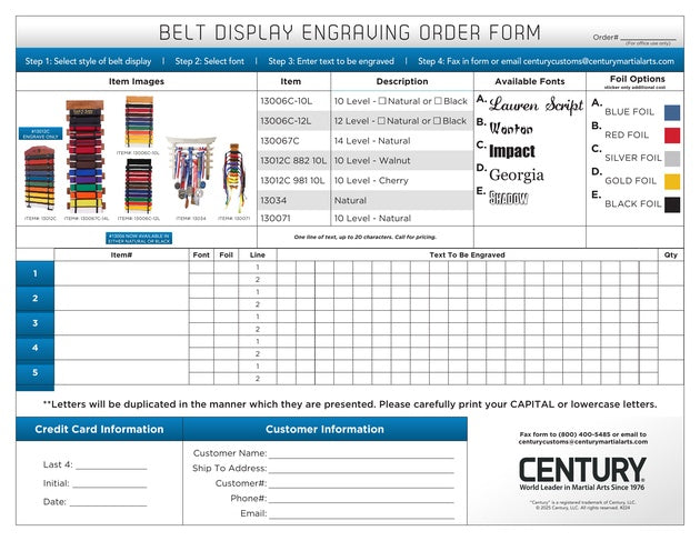 Belt Display Engraving Order Form for Century Martial Arts