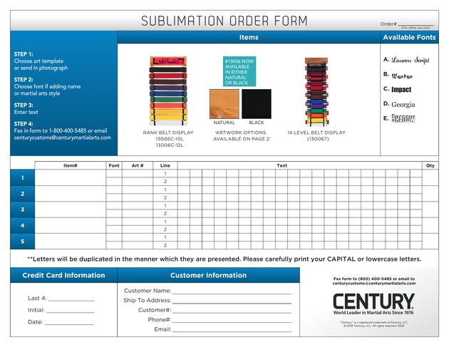 Sublimation order form for rank belt displays