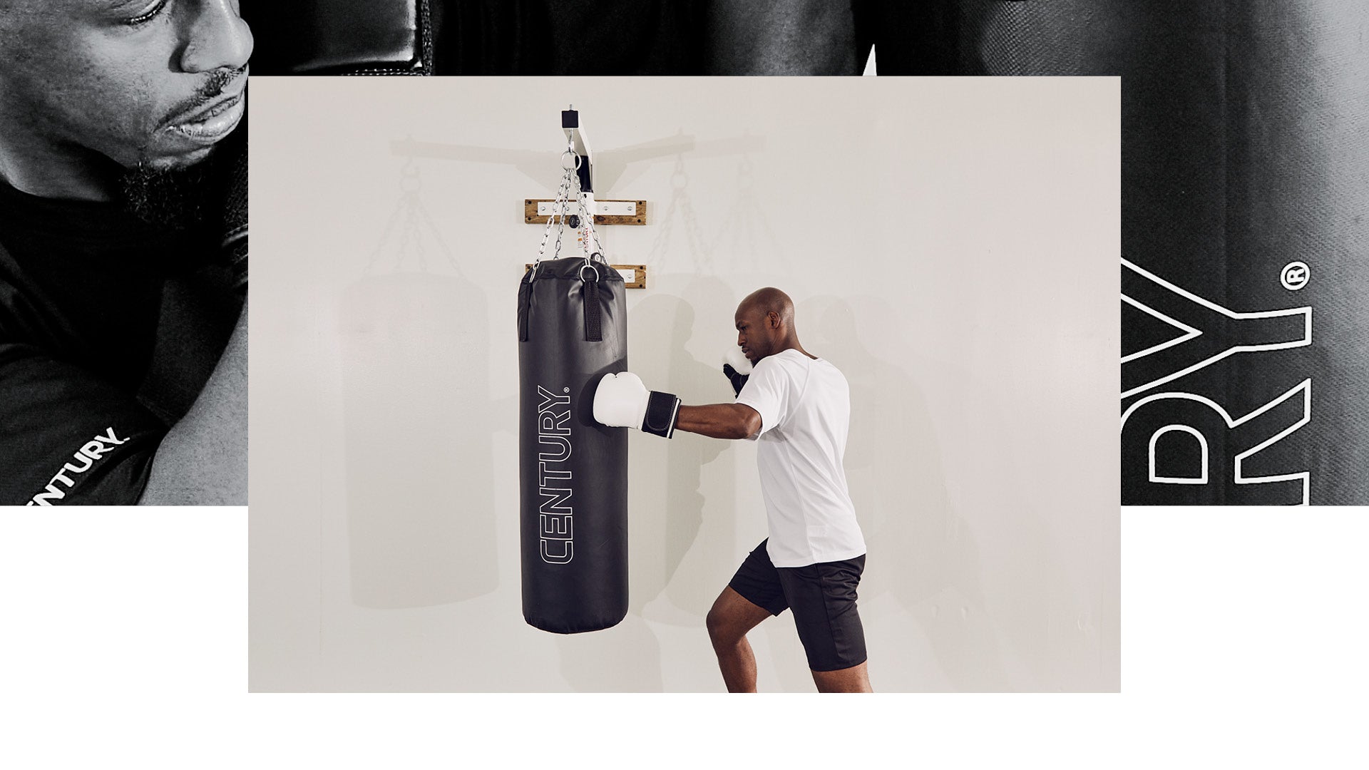 man punching century hanging bag