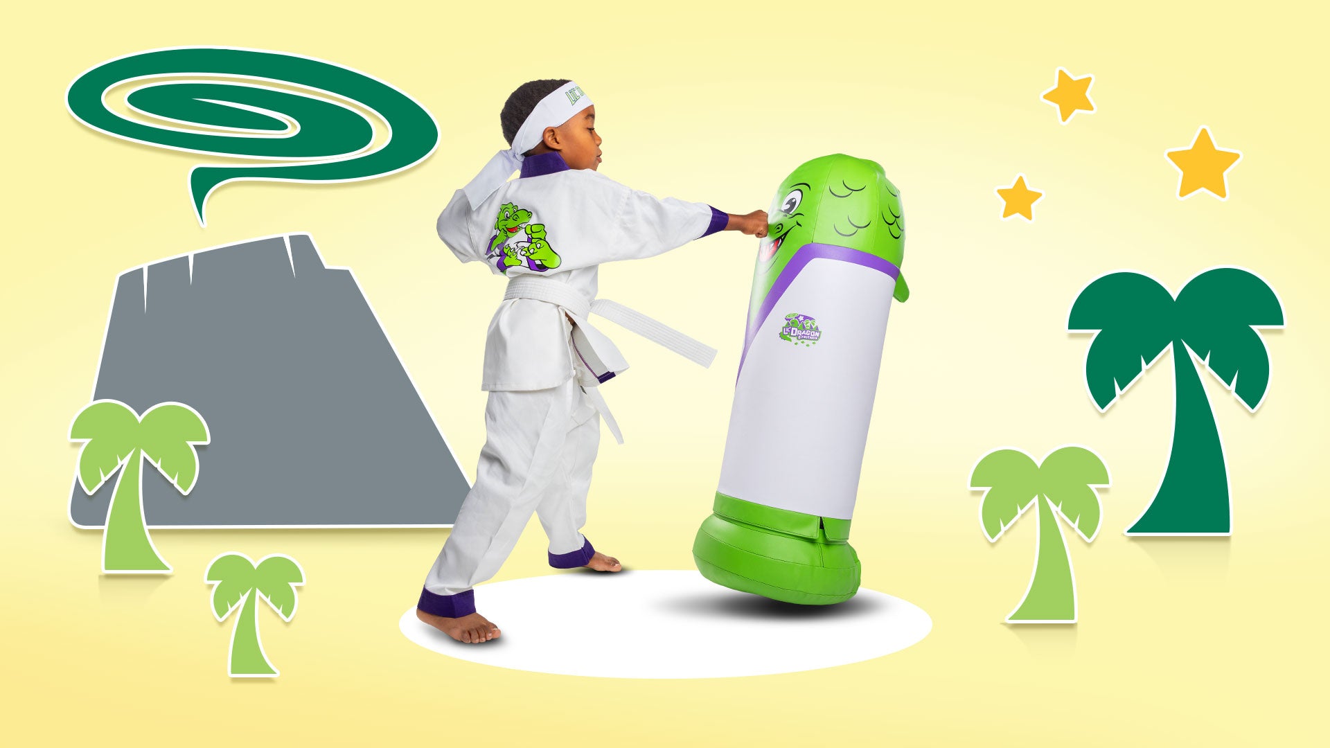 child student in lil dragon unform punching a lil dragon character bag on a stylized background