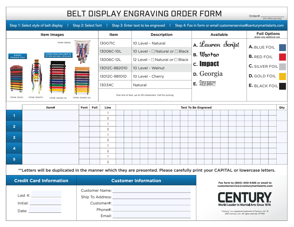 Belt Display Engraving Order Form
