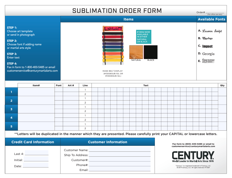 Belt Display Sublimation Order Form